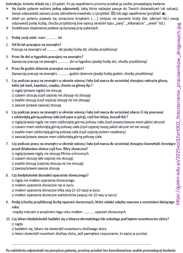 Kwestionariusz do oceny wp�ywu promieniowania UV na sk�r� pracownik�w drogowych